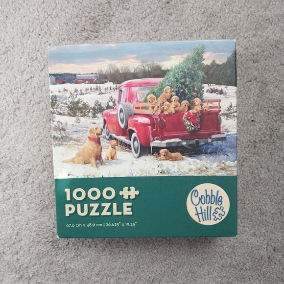 Cobble Hill Puzzle - Christmas Puppies in Red Truck w/Tree - Picture 1 of 5